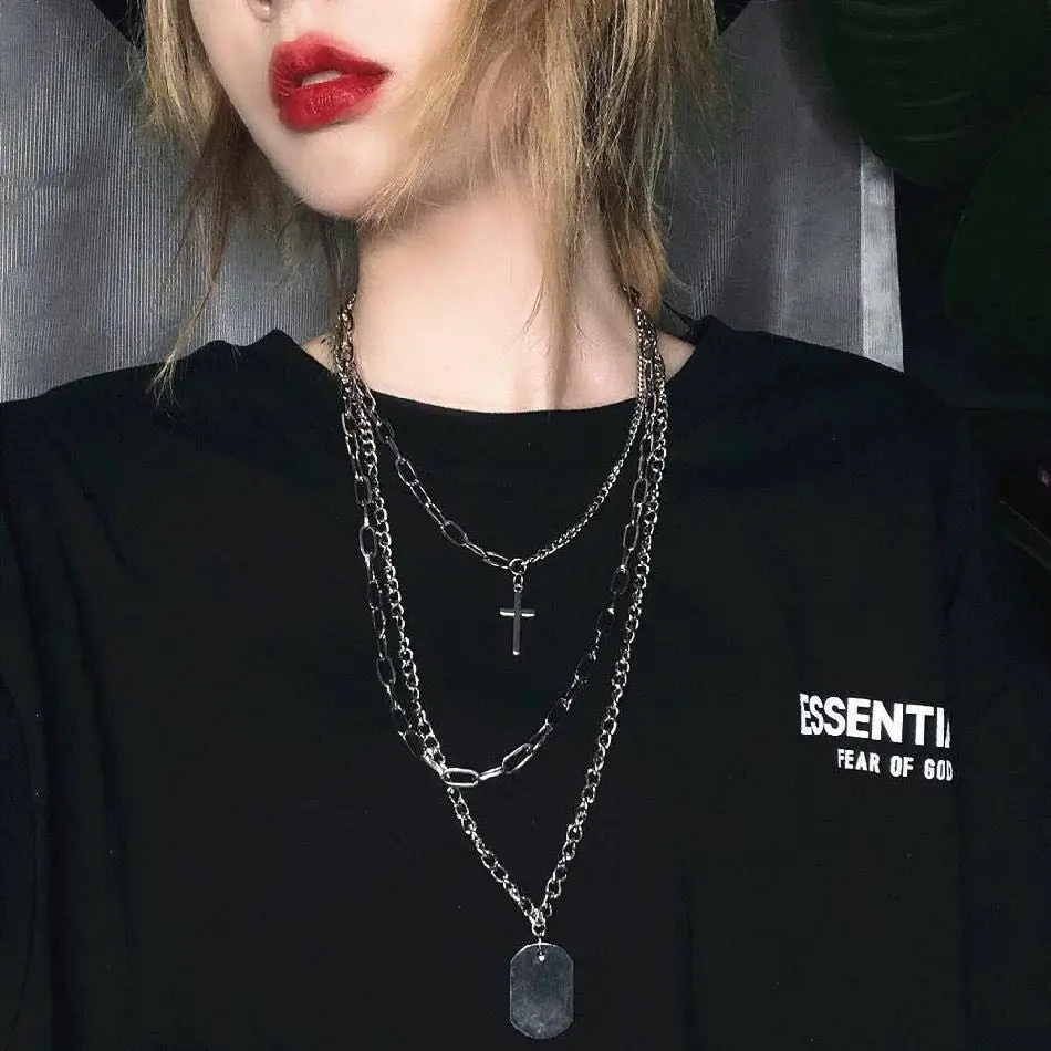 

New Personality Cross Square Metal Multilayer Hip hop Long Chain Cool Simple Necklace For Women men Jewelry Gifts 19