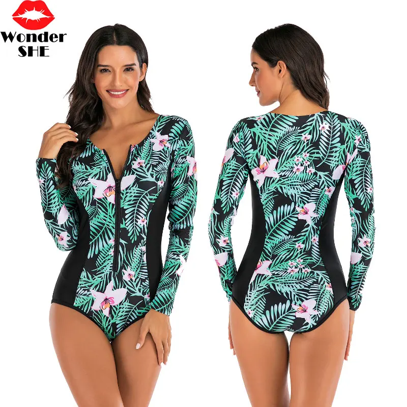 Женский купальник с длинным рукавом ретро цветочный принт топ для серфинга