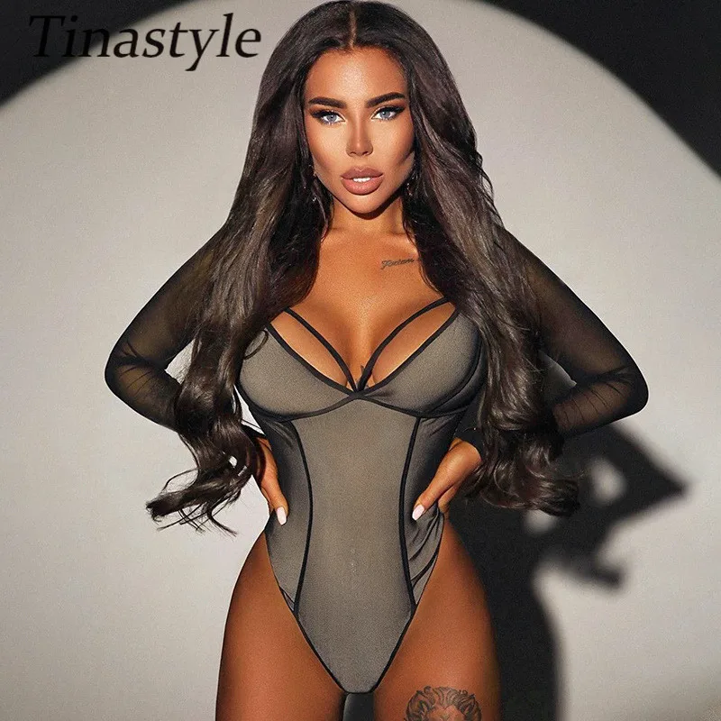 

Tinastyle Double Layers Sheer Mesh Sexy Bodysuit Women Tops See Through Long Sleeve One Piece Body Suit Nightclub Party Body