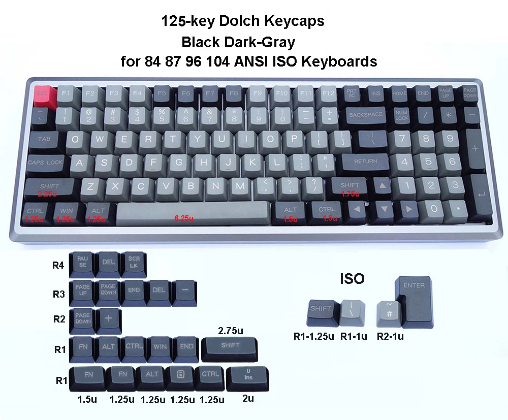 Механическая клавиатура 125 клавиши ANSI ISO PBT Keycaps OEM профиль Dolch Carbon для