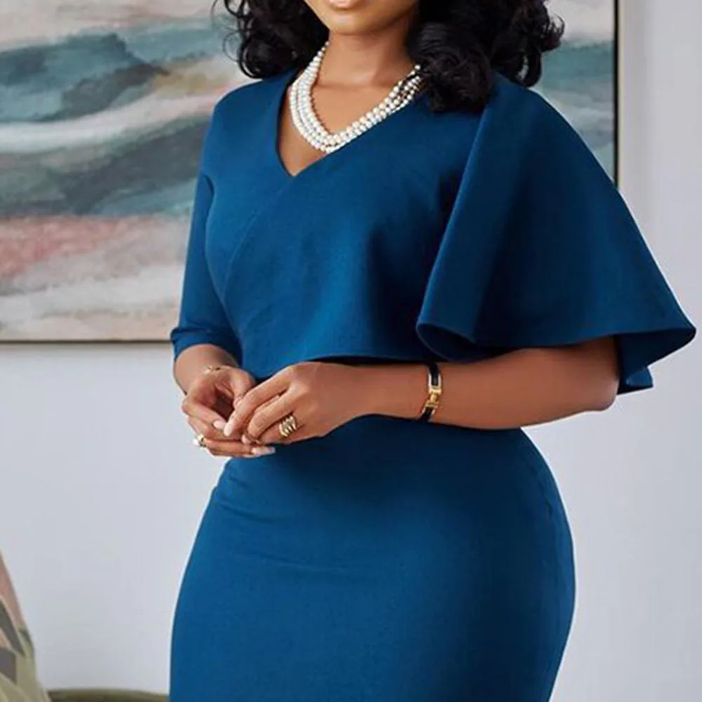 

2021 New Oversize Solid Color V-neck Backless Lotus Sleeve Summer Women's Dresses Fashion Temperament V-neck Commute