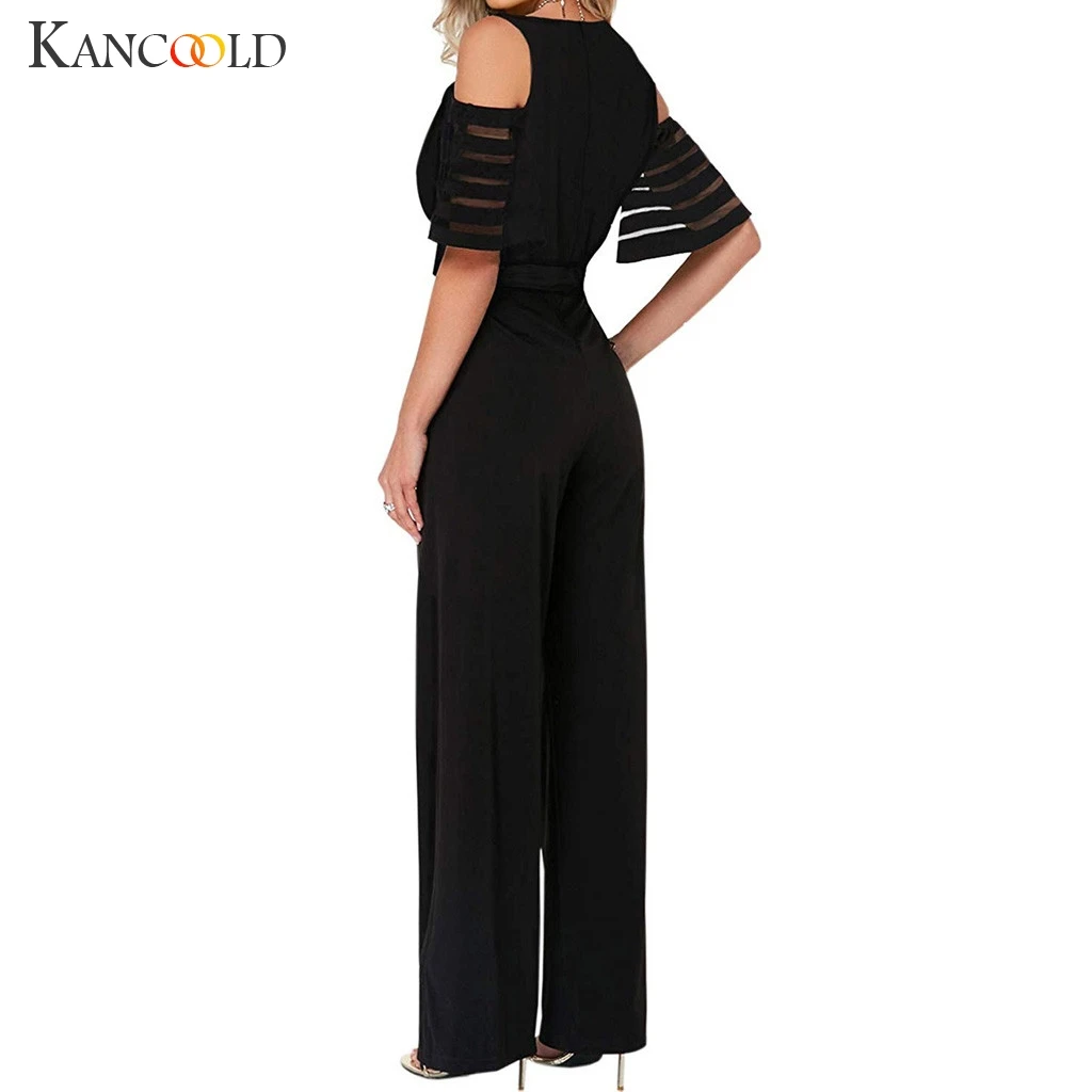 Длинный комбинезон большого размера плюс с широкими штанинами облегающий черный