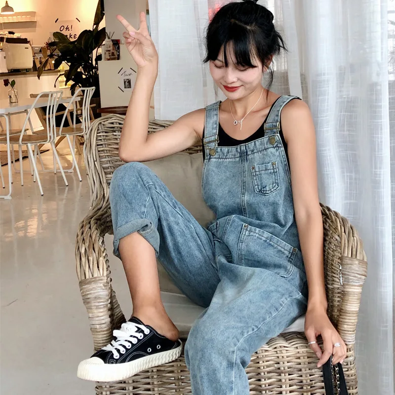 Women Oversized Denim Jumpsuit Autumn Jeans Overalls Plus Size Bib Solid Pockets Rompers Vintage Dungarees Blue Basic Jean Pants