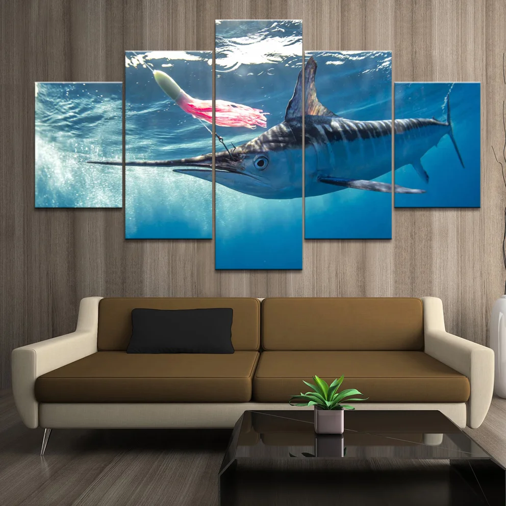 

Wall Art Canvas Painting Home Decor Printed Modern Living Room Frame HD Pictures 5 Panel Fishing Canvas Landscape Modular Poster