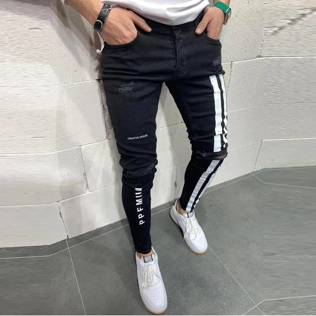 Модные мужские обтягивающие джинсы байкерские потертые рваные брюки узкие в