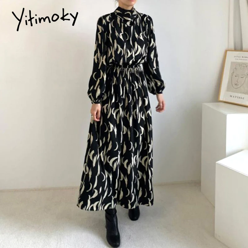 

Женское винтажное платье с завышенной талией Yitimoky, летнее трапециевидное платье с длинным рукавом, воротником-стойкой и бантом, 2021