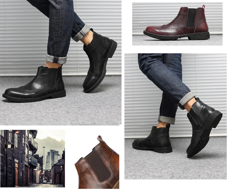 Winter PU Chelsea Boots Men Elastic Band Pointed Toe Ankle Boots Solid Casual Motorcycle Shoes Plus Size Black Brown