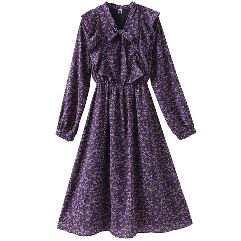 

2021 Spring Women Dresses Vintage Floral Print Bow Ruffle Chiffon Midi Dress Female Casual Party Long Sleeve Dress Vestidos