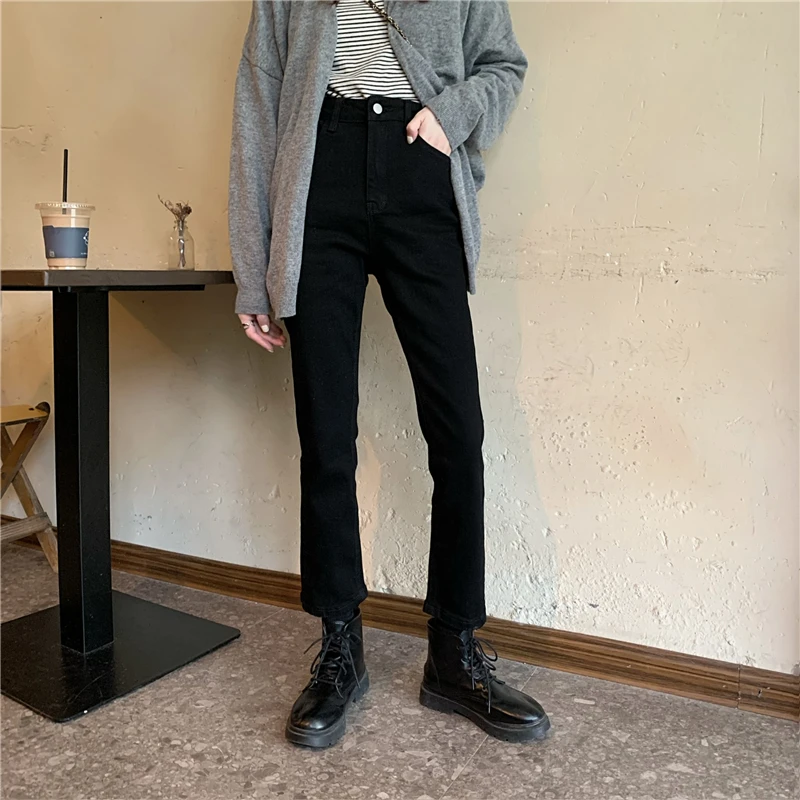 

Women Black Jeans High Waist Skinny Straight Pants Tight Forked Washed Old Versatile Classic Retro Denim Trousers Casual Fashion