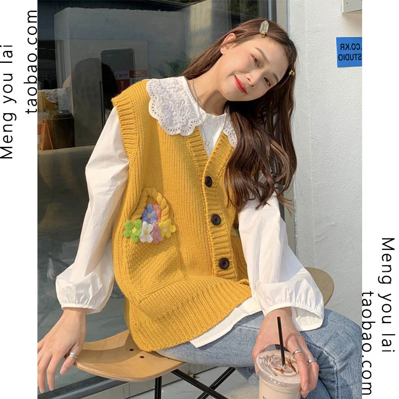 

Осенний Модный милый вязаный женский жилет в стиле колледжа, Дизайнерская верхняя одежда, Свободный жилет с V-образным вырезом, жилет, Rac