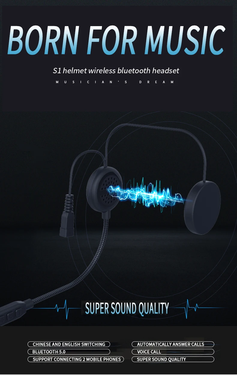 

S1 Motorcycle Helmet Bluetooth Headset Waterproof Super Sound Quality Bluetooth 5.0 For Most Helmets Voice Call Auto Answer