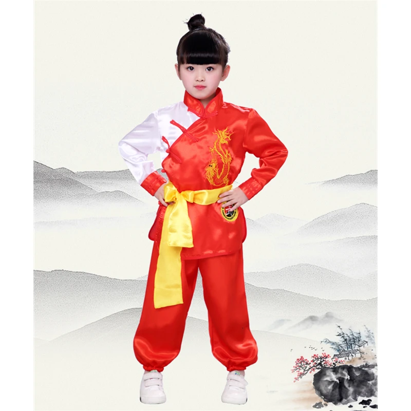 Red Long Set Детская одежда ушу Вышивка Дракон Форма для кунгфу Китайский традиционный костюм для тайчи детей сценическое представление шаолин костюмы - Цвет: Red Long Set