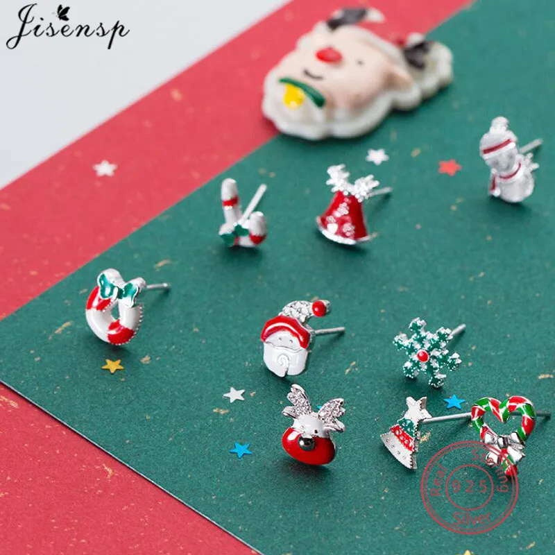 

100% 925 Sterling Silver Snowflake Earing Cartoon Santa Claus Elk Christmas Tree Stud Earrings for Women Girl Kids New Year Gift