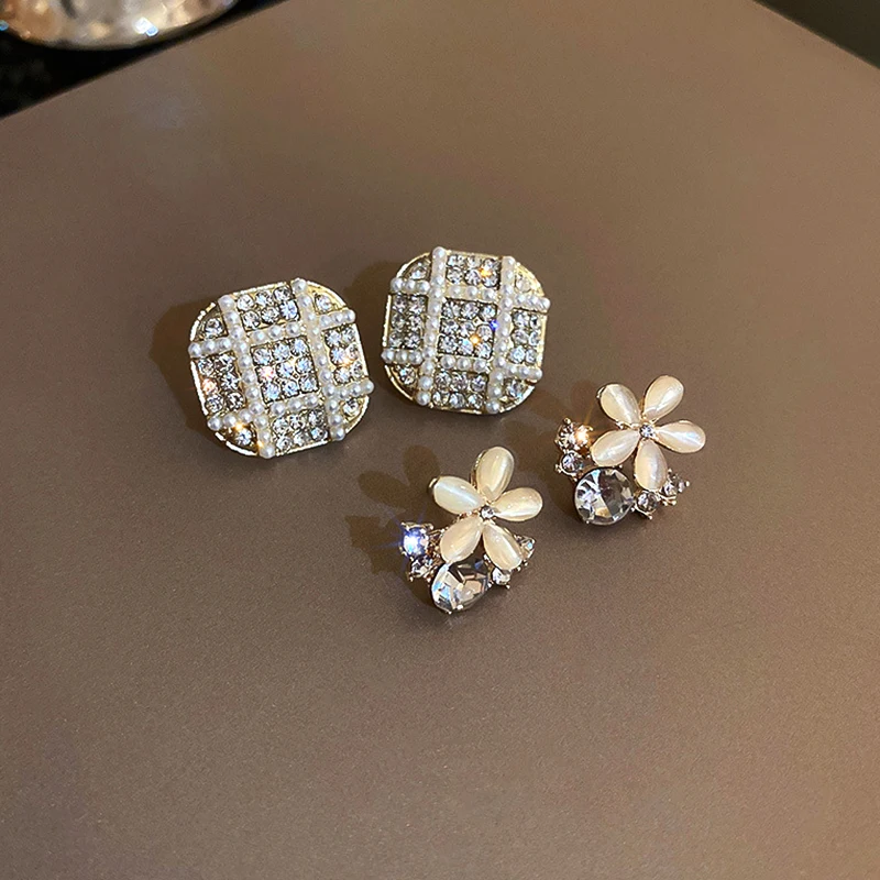 

Женские серьги-гвоздики с жемчугом, серьги с квадратным опалом и цветком, ювелирные изделия для девочек с цирконием класса ААА, серьги-гвозд...