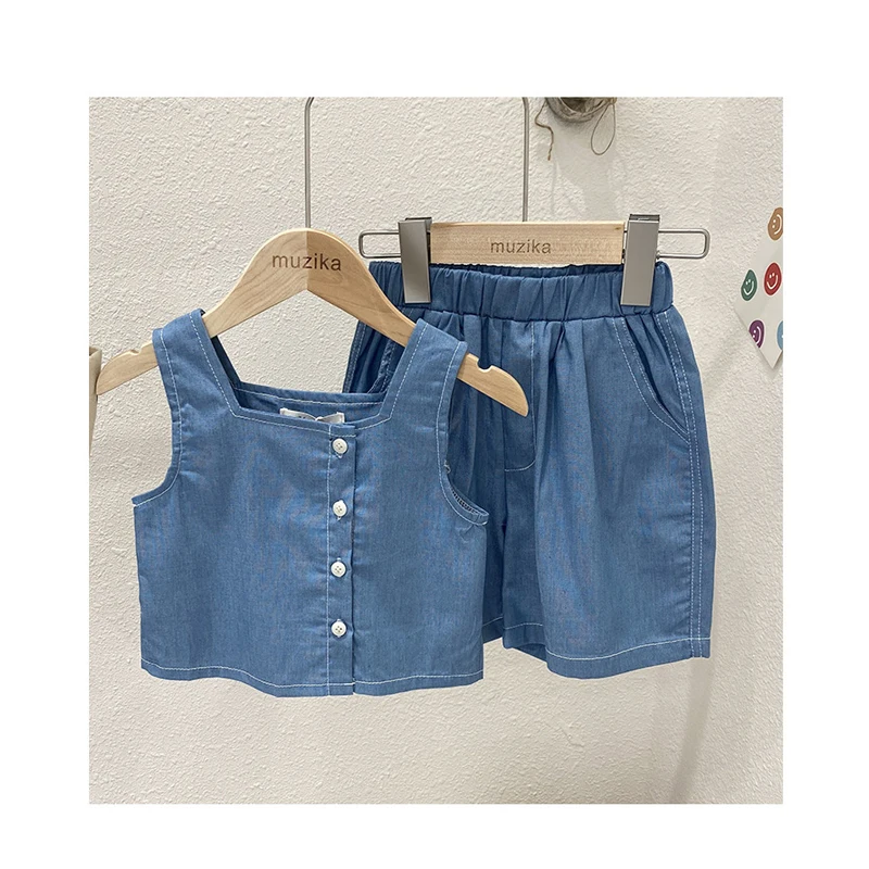 

Back To School Outfits Age For 2 - 8 Years Baby Girls Denim Blue Sets 2021 New Summer Vest+Shorts Casual Loose Button 2pcs Sets