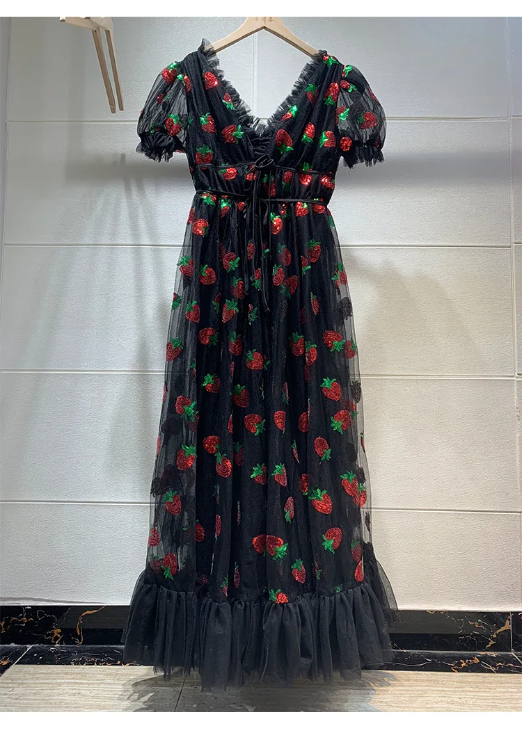 

Women Strawberry Maxi Dress Plus Size Elegant Sequin Mesh Lace Up High Waist Sexy Embroidery Long Dress Pink V Neck Vestido Lady