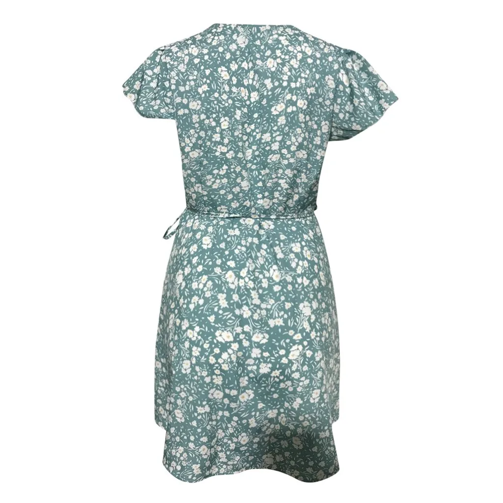 

Ruffle Dress Women Summer Floral Print Boho Dress Sexy Deep V Neck Tie Up Beach Mini Dresses Holiday Sundress Vestidos De Verano