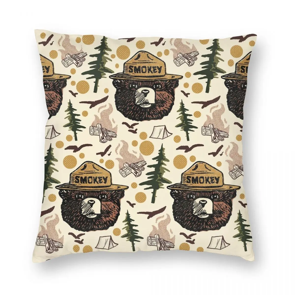 

Retro Smokey Bear Pattern Pillowcase Polyester Linen Velvet Pattern Zip Decorative Throw Pillow Case Room Cushion Cover