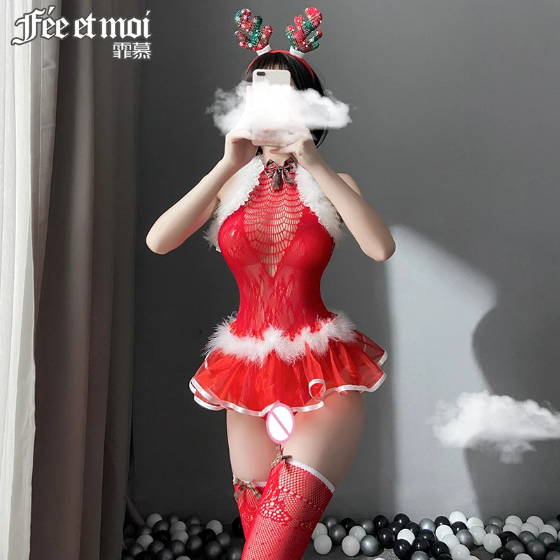 

Christmas Princess Cosplay Uniform Set Siamese Miniskirt Hollow Net Clothes Erotic Lingerie Christmas Party Dress Set Cosplay