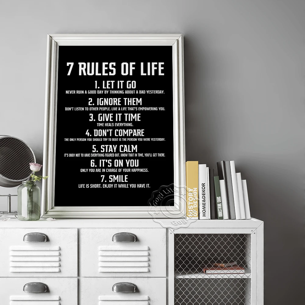 

7 Rules Of Life Prints Poster, Encouraging Words Office Decorative, Inspirational Quotes Wall Art, Smile To Life Wall Stickers