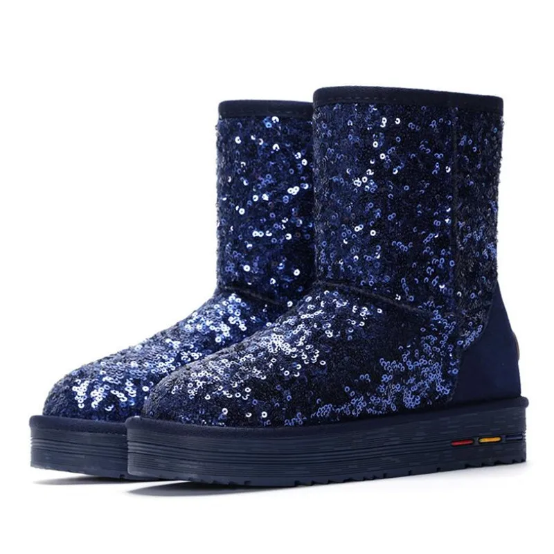 

2020 Winter New Genuine Leather Sequined Snow Boots Women Mid-tube Thick Warm Lazy Shoe Comfortable Flat Boots Female Home Shoes