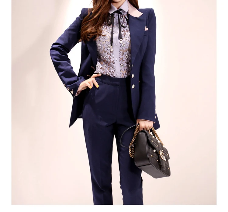 

Autumn Notched Single Breasted Women's Blazer Slim Long Pant Suits Navy Office Coat Cloth Solid Business Pencil Two Piece Sets