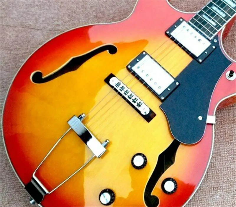 Бесплатная доставка 6-струнная полая электрогитара серебряные аксессуары под