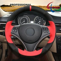 diy hand sewn black red suede car steering wheel cover for bmw e90 325i 330i 335i e87 120d car interior accessories