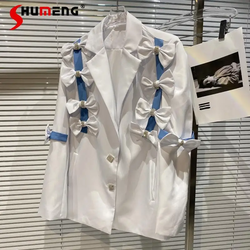 

2021 Spring Summer New Elegant Rhinestone Butterfly Shoulder Strap Blazer Women Fashion Casual Water Blue White Business Suit