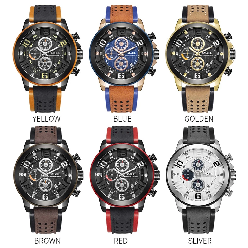 Мужские водонепроницаемые кварцевые часы с хронографом и кожаным