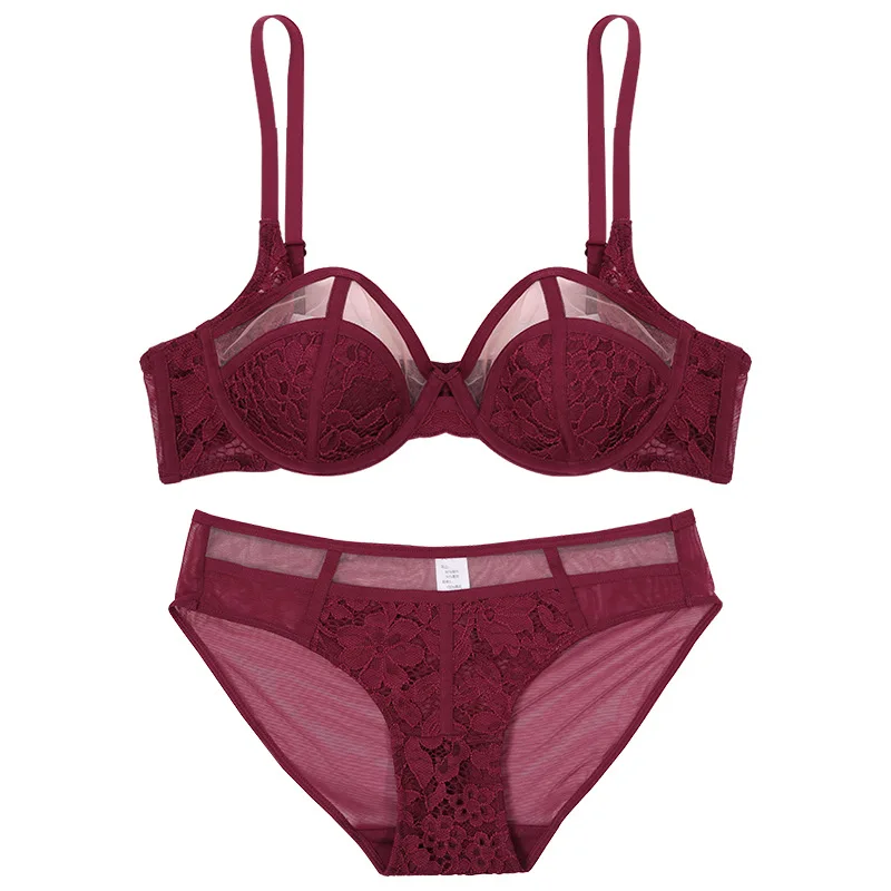 

Women's Bra Sexy Lace Gathered Cute ABC Size French Sexy Lingerie Set Underwire Push Up Ultra-ThinThick Lengerie See Through