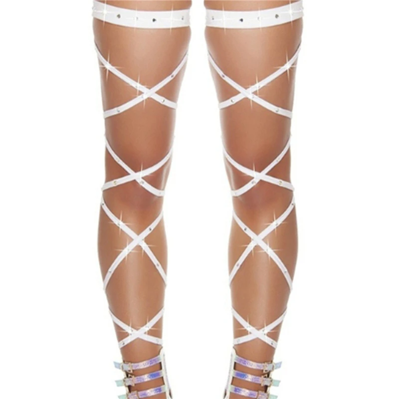 

Sexy Ladies Bandage Fishnet Stockings Thigh-High Crystal Studded Thigh High Leg Rave Wraps Strappy Rhinestone Tights