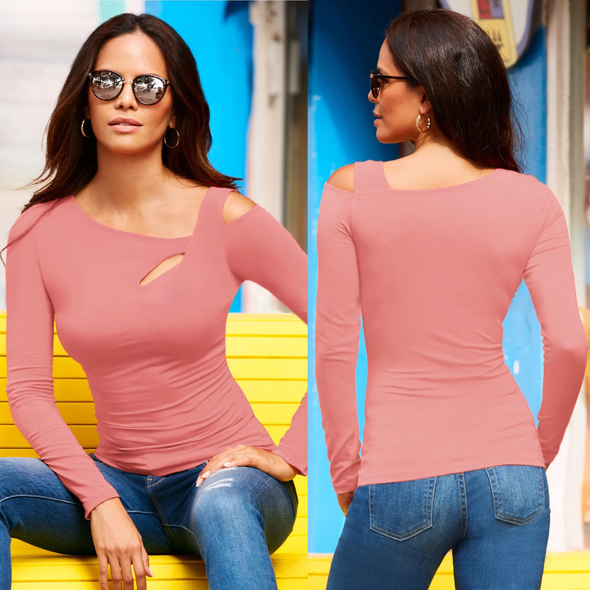 

Mandylandy Spring Slim Fit T-shirt Tops Women's Long Sleeve Off Shoulder Hollow Out Solid Color Skew Collar Pullover T-shirt