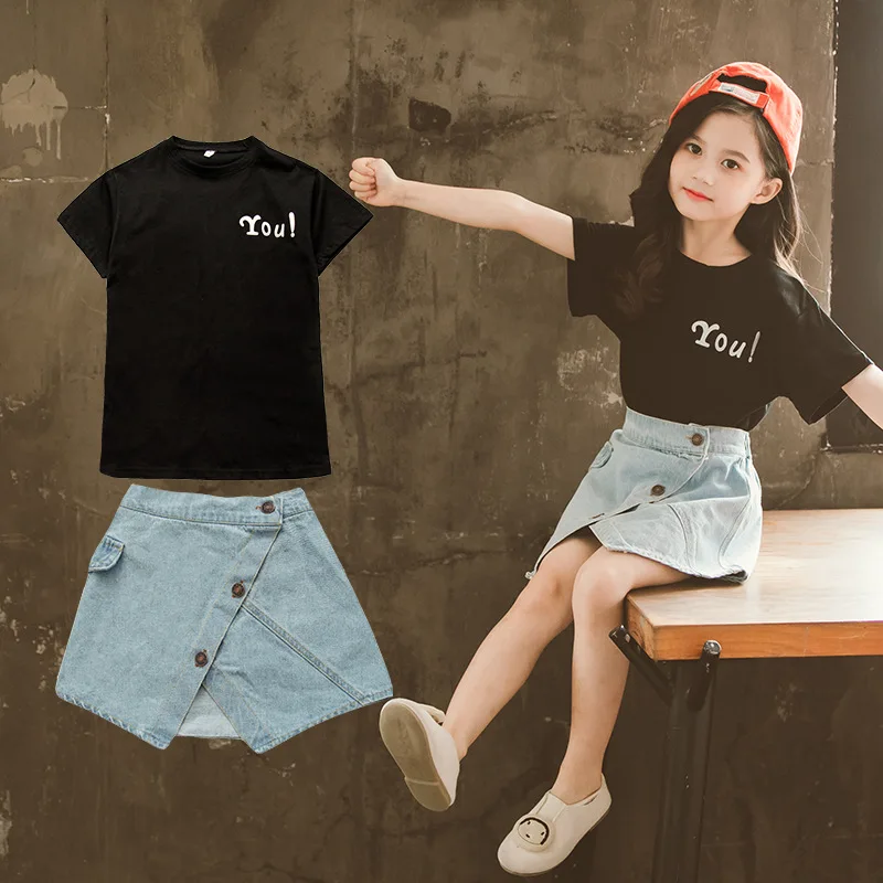 Детская одежда комплект с юбкой для девочек летняя футболка надписью + джинсовая