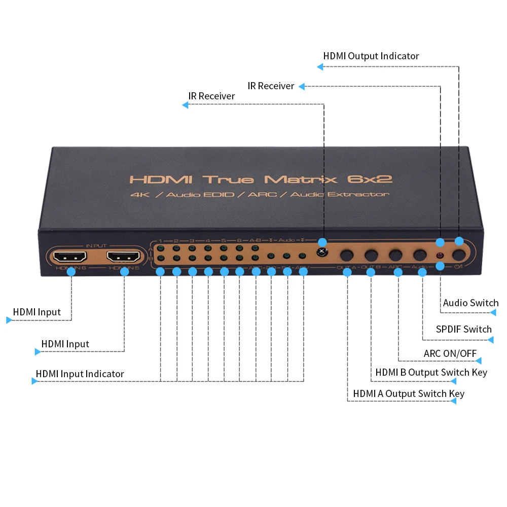 Матричный Коммутатор HDMI 6X 2 4K экстрактор звука EDID ARC 6 в выхода