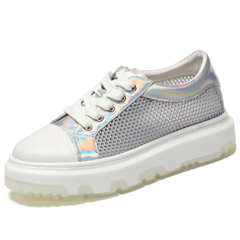 

Кроссовки женские из натуральной кожи, сетчатые, лоскутные, на шнуровке, платформа, плоская подошва, дышащие, Повседневная летняя обувь, эсп...