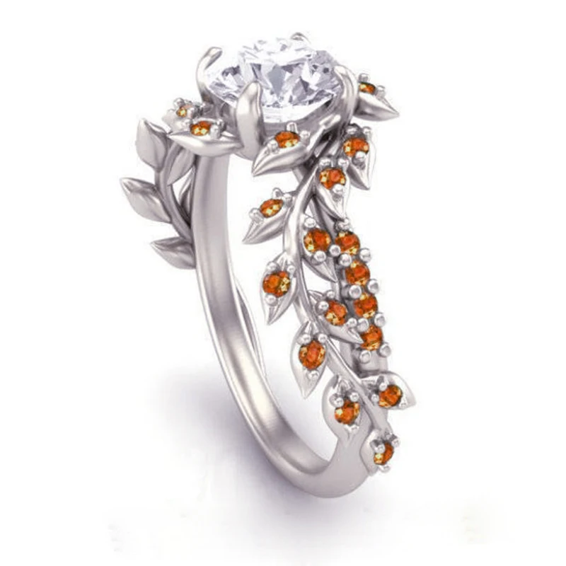 Flower Red Leaf Zircon Engagement ruby Ring for Female Fashion Popular Rhinestone Silver Wedding Rings Women Jewelry | Украшения и