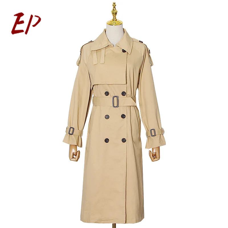 

EP Female 2021 Winternew Style FashionTurn-down Collar Pure Color Double-Breasted Design Tie Long Casual Trench Coat Women