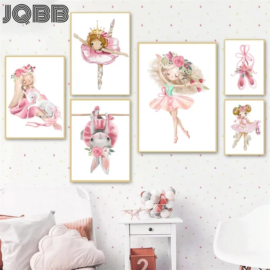 

Cute Ballet Girl Flowers Rabbit Unicorn Shoes Nordic Posters And Prints Wall Art Canvas Painting Wall Pictures Kids Room Decor