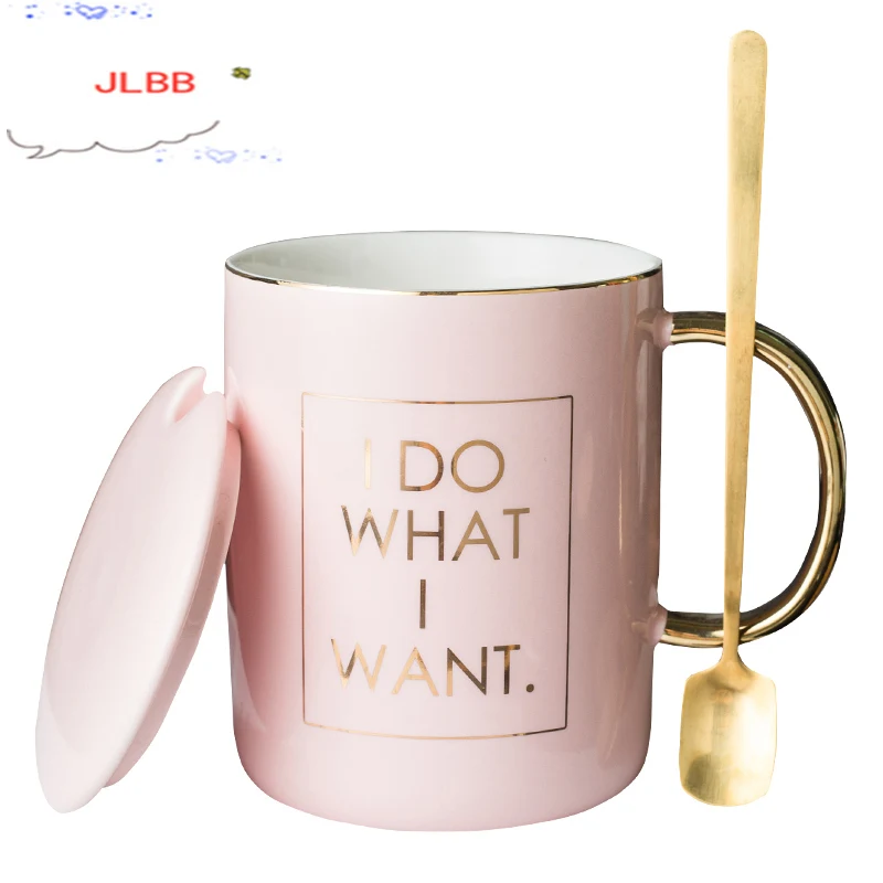 

Gold Letter I Do What I Want Ceramic Coffee Mug with Spoon and Lid Breakfast Milk Cup Couple Creative Birthday Gifts