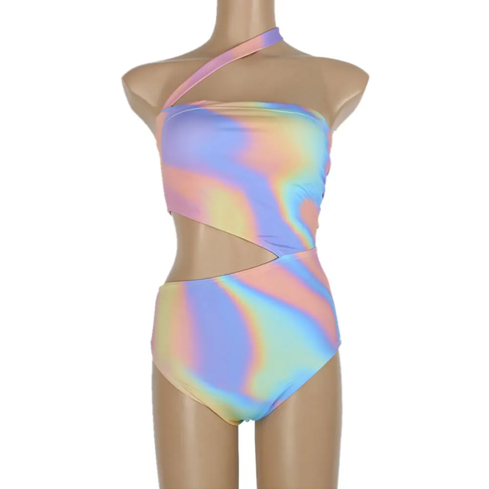 

WTCandy New 2021 Tie Dye One Piece Swimsuit Women One Shoulder Cut Out Monokini Sexy Hollow out Swimwear Beach May Bathing Suit