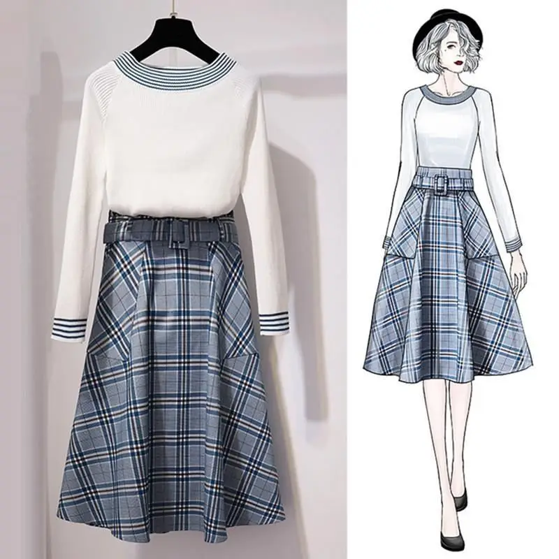

2021 Spring Autumn Women Korean Style High Quality Red Blue Plaid Skirt Female High Elastic Waist Midi Skirts with Belt Y415