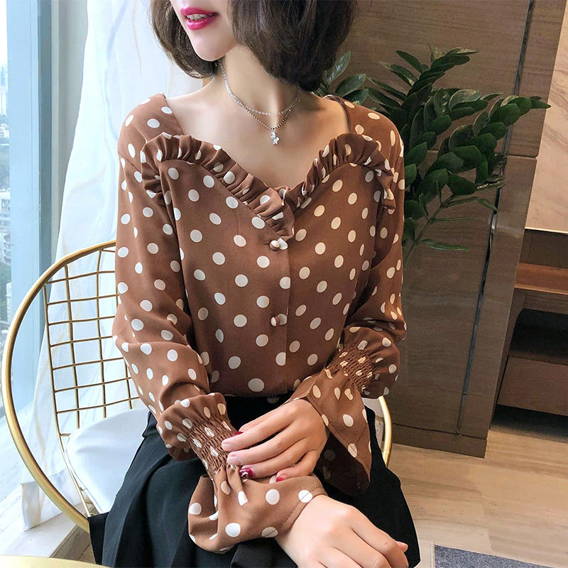 Женская шифоновая блузка с длинным рукавом Повседневная Блузка в горошек