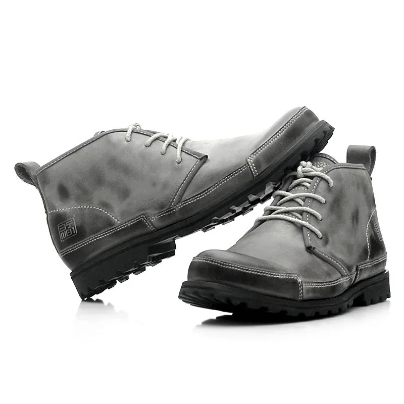 Мужские мотоциклетные ботинки из натуральной кожи серые удобные ботильоны в