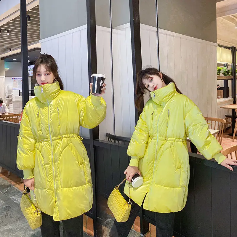 

2021 Women Winter New Fashion Casual Cotton Padded Jacket Lady Warm Thick Shiny Coat Female Loose Plus Size Mid-Long Outwear C41