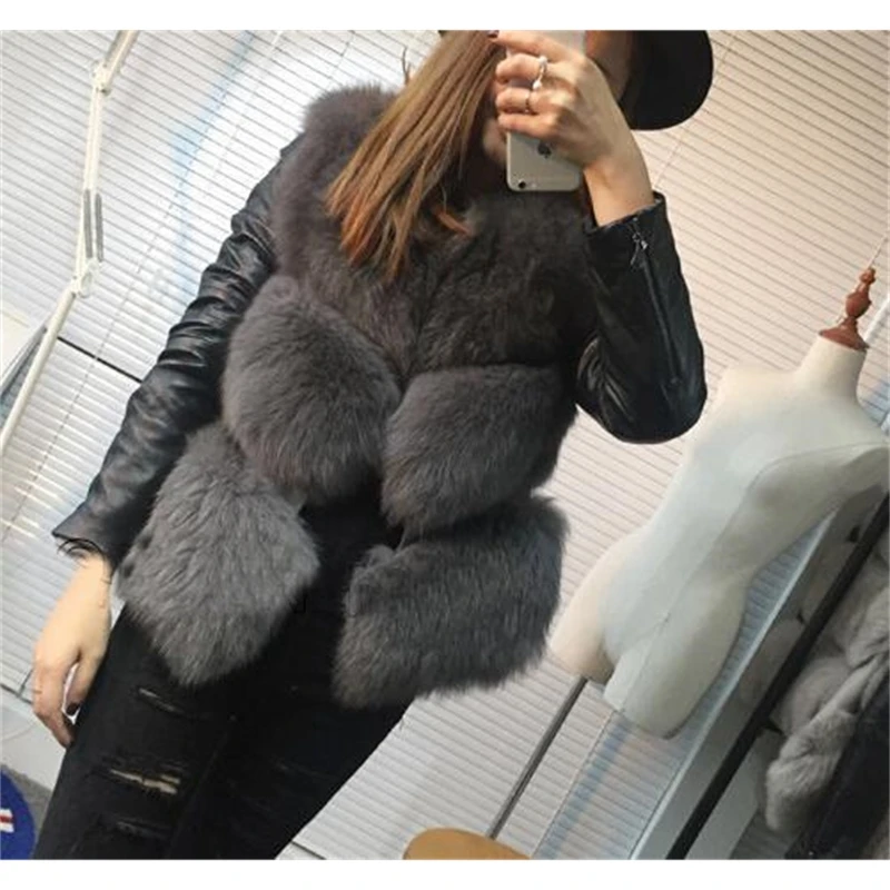 

YOSICIL Autumn Winter Women FAUX Fox Fur Coat With PU Leather Sleeves Short Faux Fur Gilet Jackets manteau fourrure femme Coats