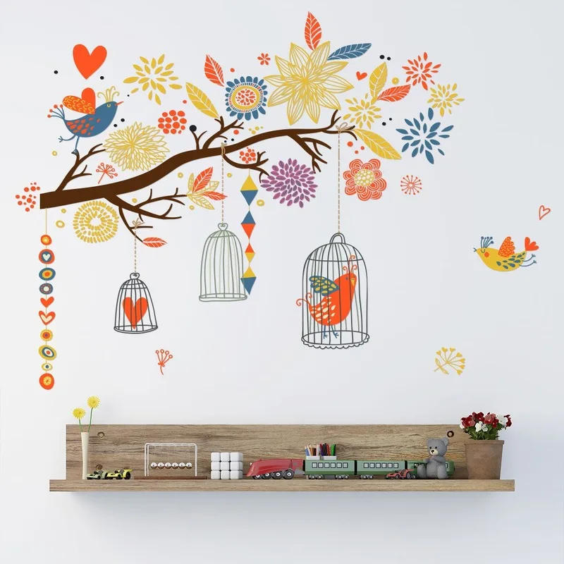 

Colorful Branch Birdcage Creative Wall Stickers for Kids Room Kindergarten Wall Decoration Bedside Porch Mural Room Decor Art