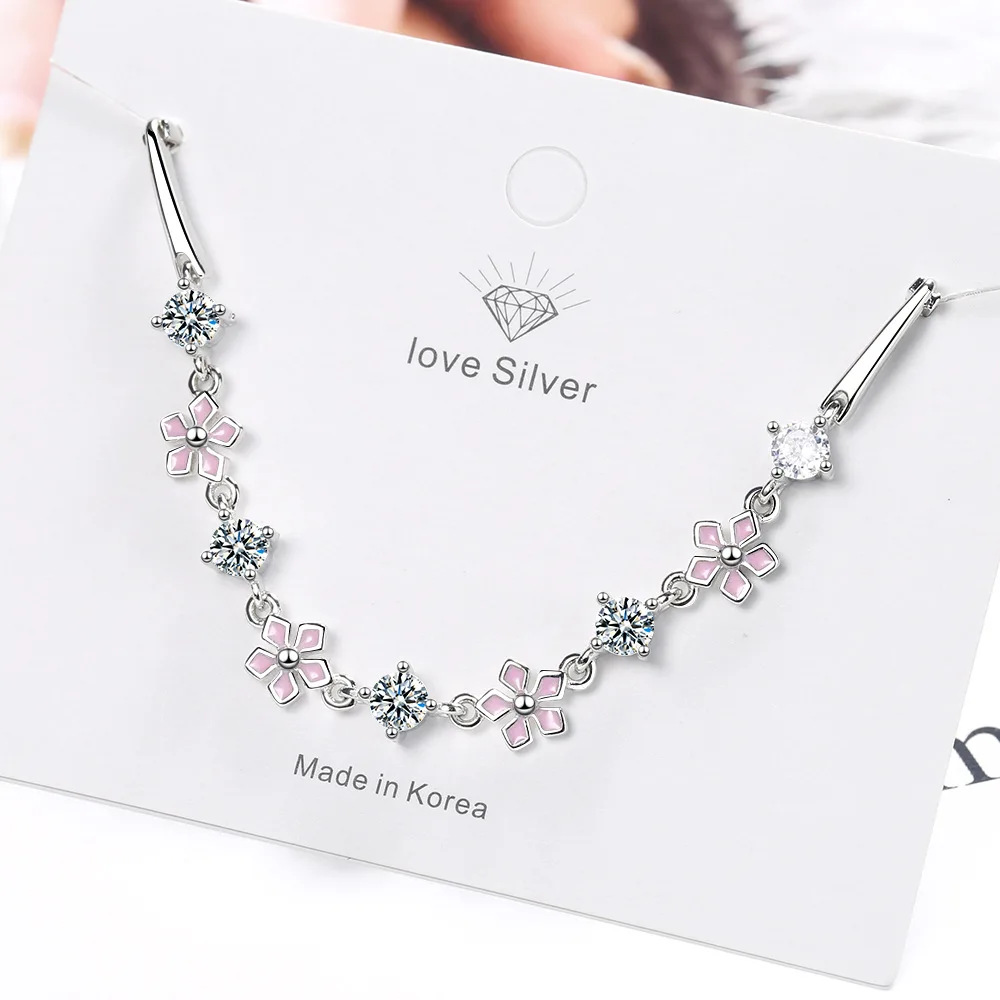 

Pink Cherry Flower Zircon Cz Luxury Chain Charm Bracelet For Women Girls Korean Dainty Jewelry Gifts