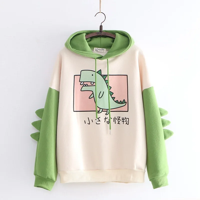 

2021 new autumn and winter women's wear Japanese college style lovely dinosaur print hooded warm sweater