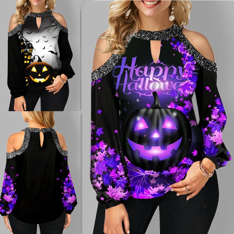 

Women Top Long Sleeve Fall/Winter Loose Goth Halloween Pumpkin Head Lantern Sleeve Round Neck Strapless Pullover T-shirt